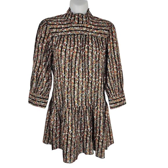 Free People Mini Dress Size 2 Floral Micro Mini Turtleneck 3/4 Sleeve Y2K Peplum - Picture 1 of 11